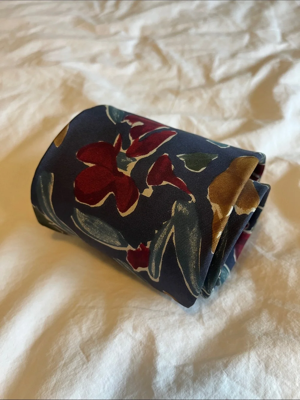Vintage Kuppenheimer Navy Floral Silk Tie with Burgundy, Green, & Mustard Accent